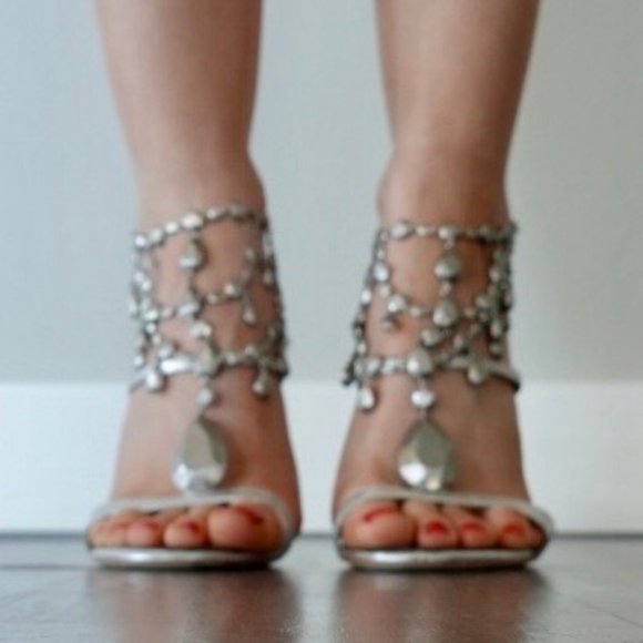 Giuseppe Zanotti Silver Wedge Heel Sandals with Cascading Jewels + Chain Closure - Picture 2 of 12
